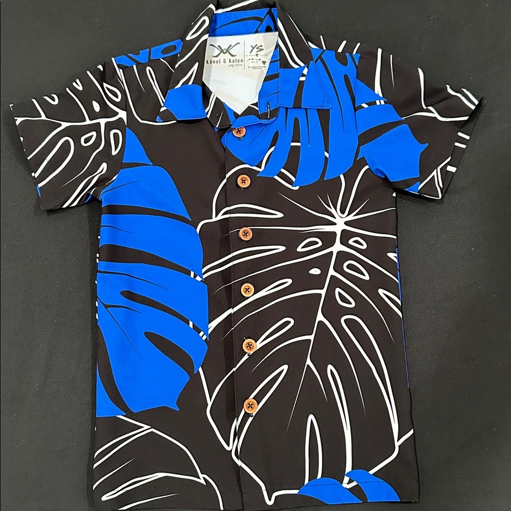Blue and Black Monstera Leaf Print Aloha Shirt